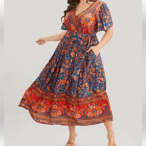 Bandana Surplice Neck Pocket Belted Flutter Hem Maxi Dress